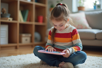 Jeune fille de 8 ans avec tablette dans un salon chaleureux