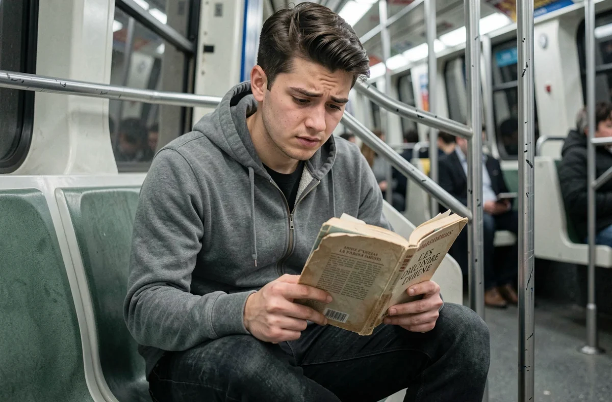 Jeune homme lisant un livre d'apprentissage du français dans le métro, l'air concentré sur une règle grammaticale difficile