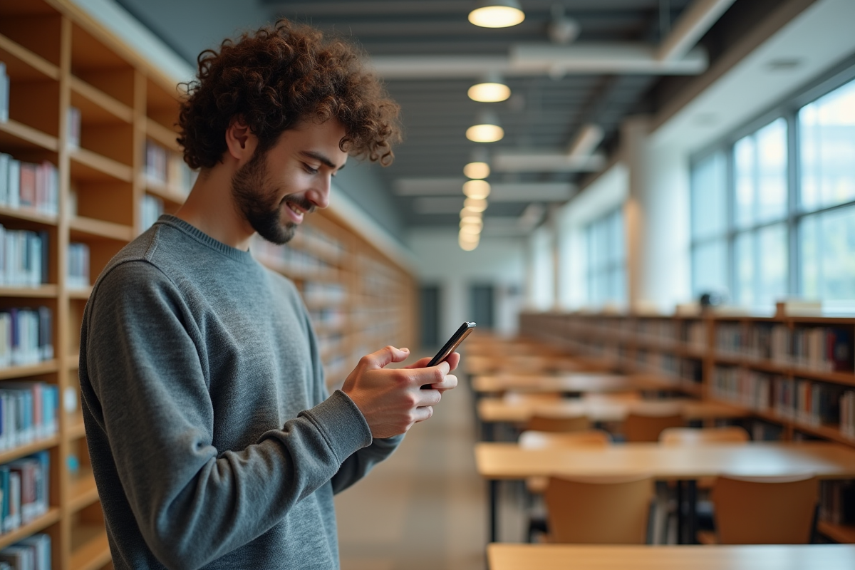 Jeune homme dans une bibliothèque utilisant son smartphone pour naviguer