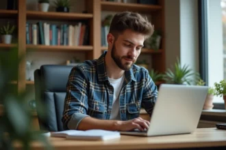 Jeune homme assis à un bureau à domicile en jeans et chemise à carreaux