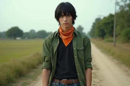 Jeune homme aux yeux bleus dans la campagne verte