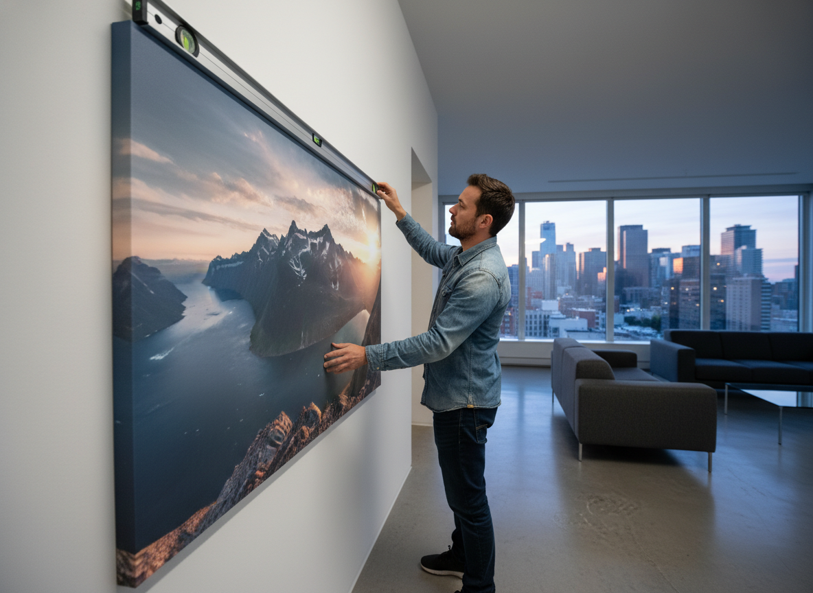 Jeune homme accrochant une photo de paysage dans un appartement moderne