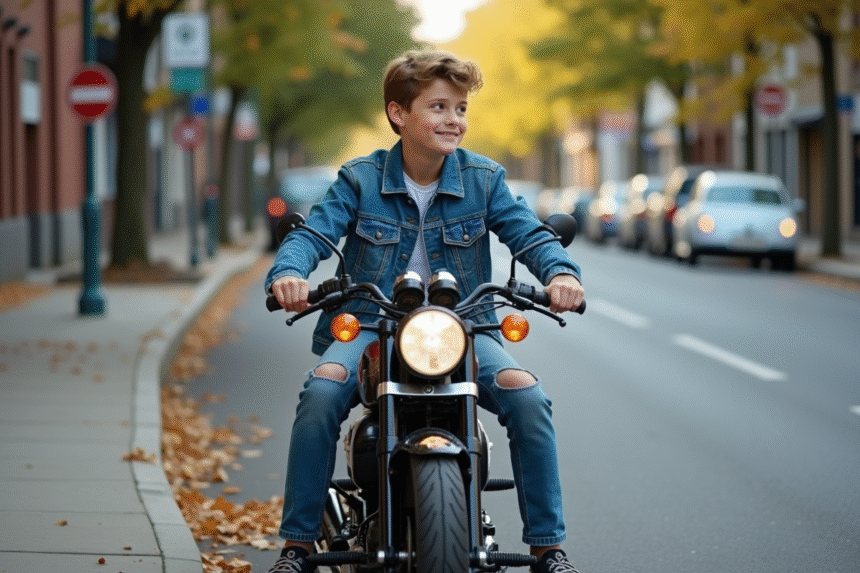 Jeune garçon en denim sur moto en ville