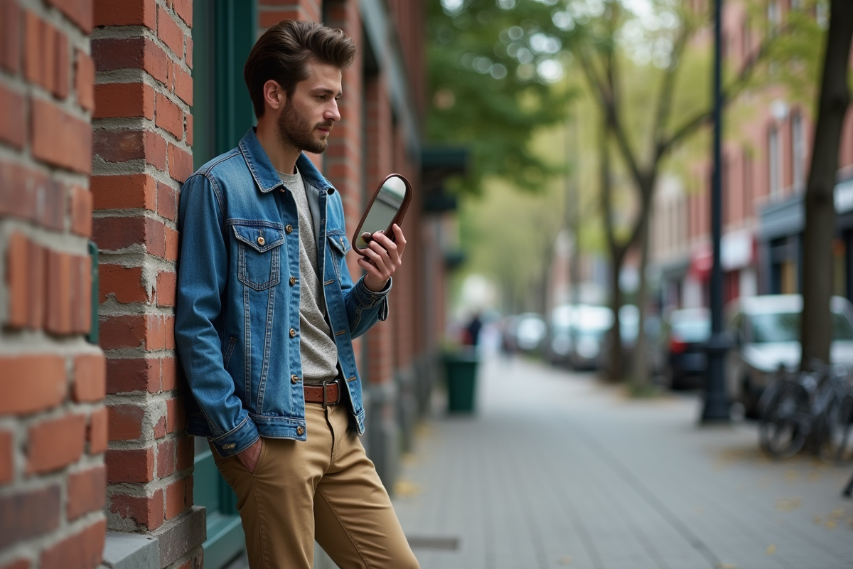Jeune homme en street style regardant son reflet dans une rue urbaine