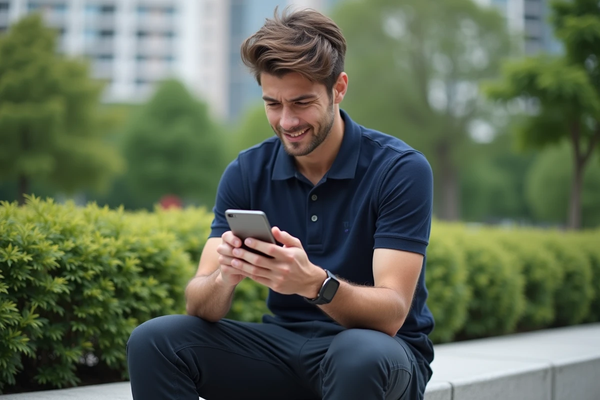 Jeune homme frustré avec smartphone dans un parc