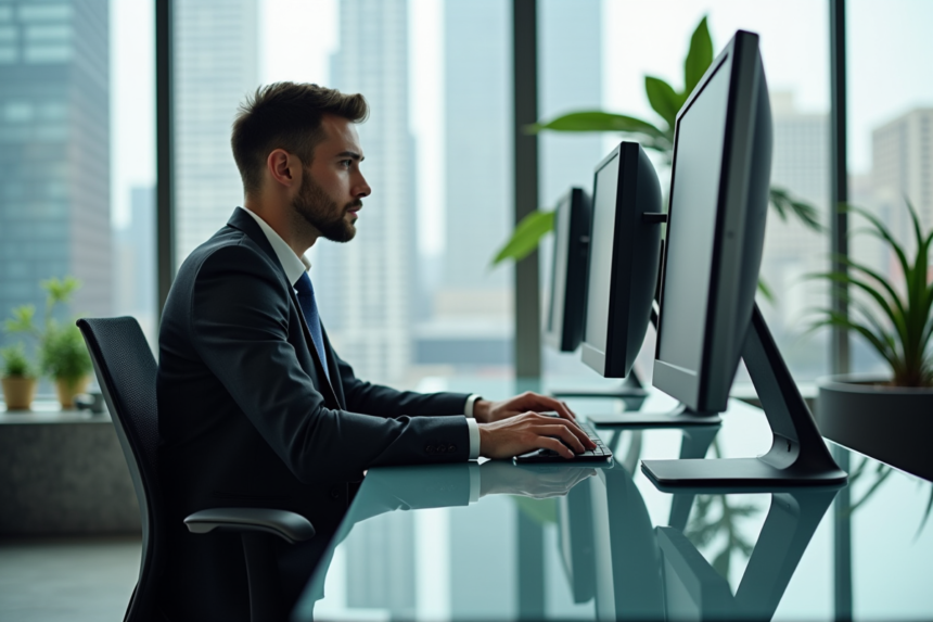 Jeune homme en costume dans un bureau moderne avec ordinateur