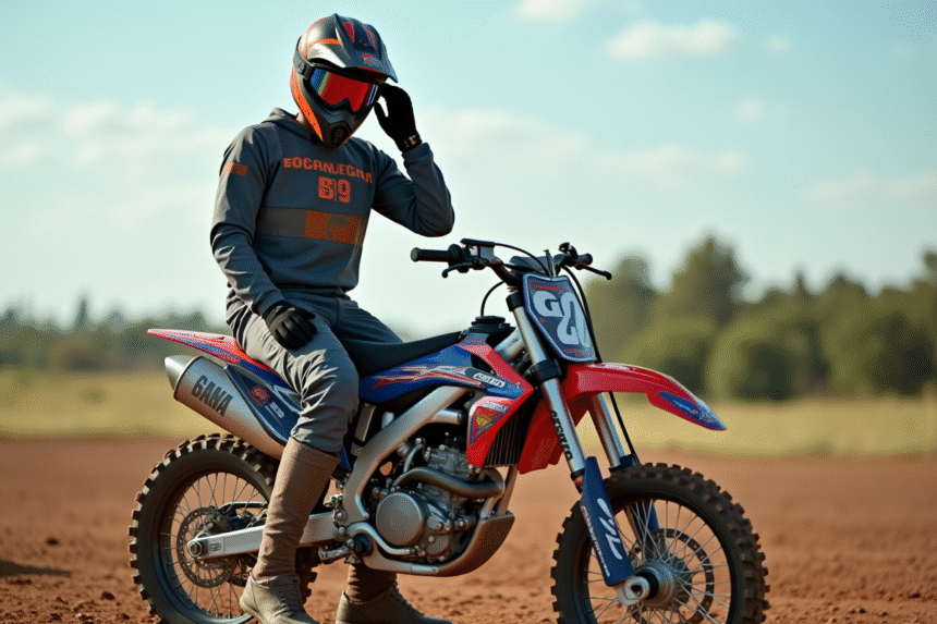 Jeune pilote motocross ajustant ses lunettes près de sa moto