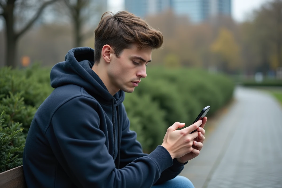 Jeune personne dans un parc urbain vérifiant un appel de numéro masqué sur son portable