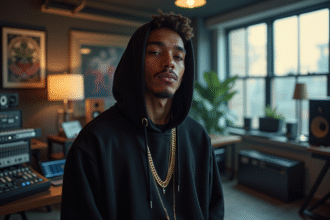 Jeune rappeur stylé dans un studio urbain moderne
