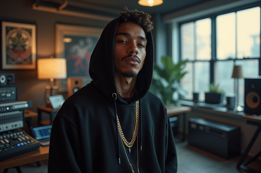 Jeune rappeur stylé dans un studio urbain moderne