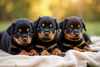 Jeunes chiots rottweiler allongés sur une couverture ensoleillée