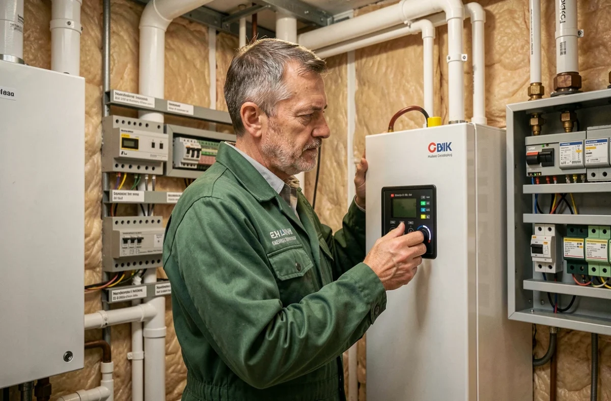 Technicien JLF Energie SARL réglant les paramètres d'une chaudière à condensation dans une chaufferie professionnelle