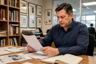 Journaliste analysant des documents dans une salle de rédaction pour un article sur la polémique Chauffroy