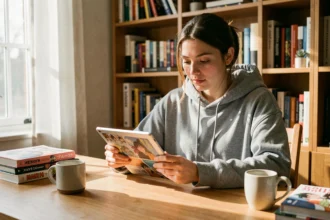 Jeune femme lisant du manga en ligne sur une tablette dans un bureau cosy entouré de volumes manga physiques