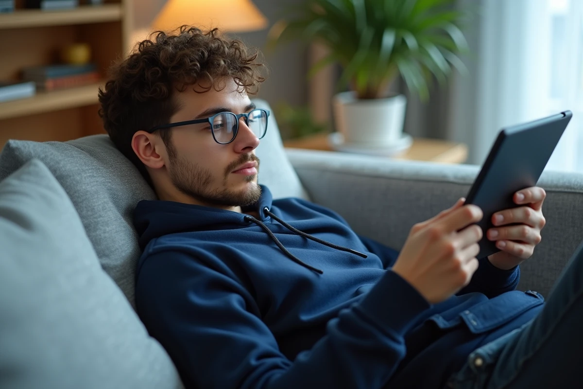 Jeune homme lisant un manga légal sur tablette, alternatives légales aux scans de bandes dessinées en français