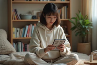 Jeune femme lisant un manhwa sur tablette dans une chambre cosy entourée de mangas et d'une tasse de café