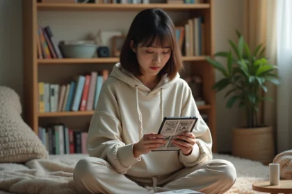 Jeune femme lisant un manhwa sur tablette dans une chambre cosy entourée de mangas et d'une tasse de café