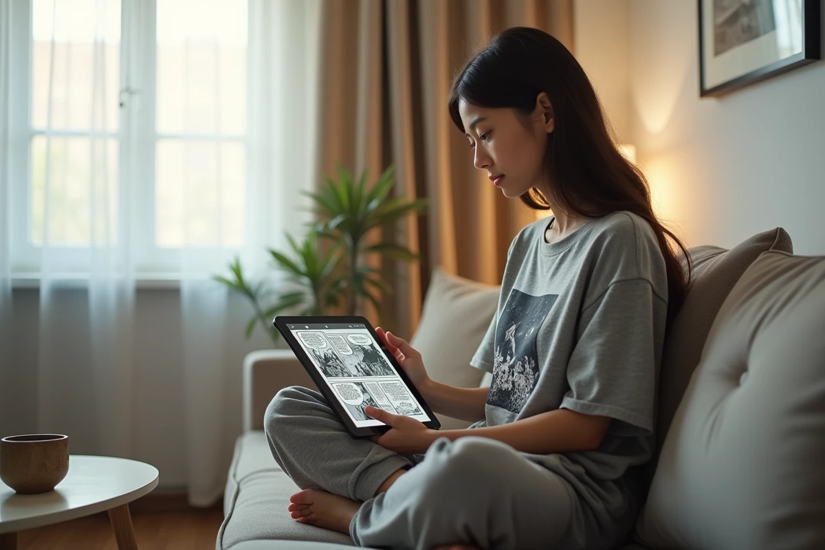 Jeune femme lisant un scan manga en VF sur tablette confortablement installée dans un salon moderne