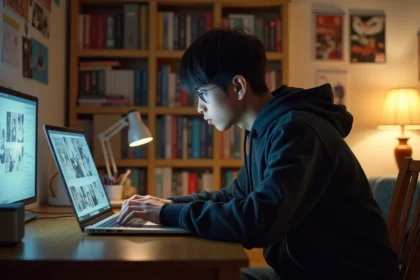 Jeune homme lisant un scan manga en français sur ordinateur portable dans sa chambre avec étagères de mangas