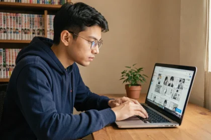 Jeune homme lisant un scan de manga One Piece sur son ordinateur portable dans un bureau cosy entouré de volumes manga