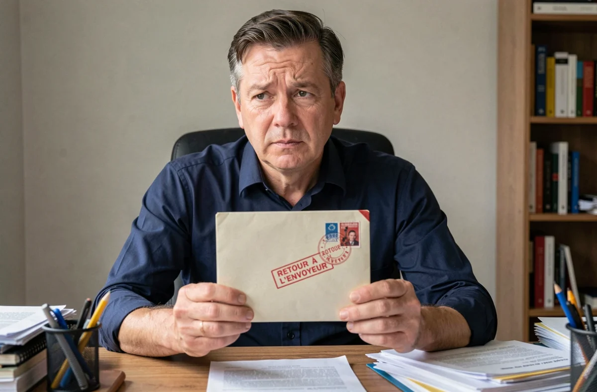 Homme tenant une lettre retournée avec le cachet 'Retour à l'envoyeur' faute d'affranchissement suffisant