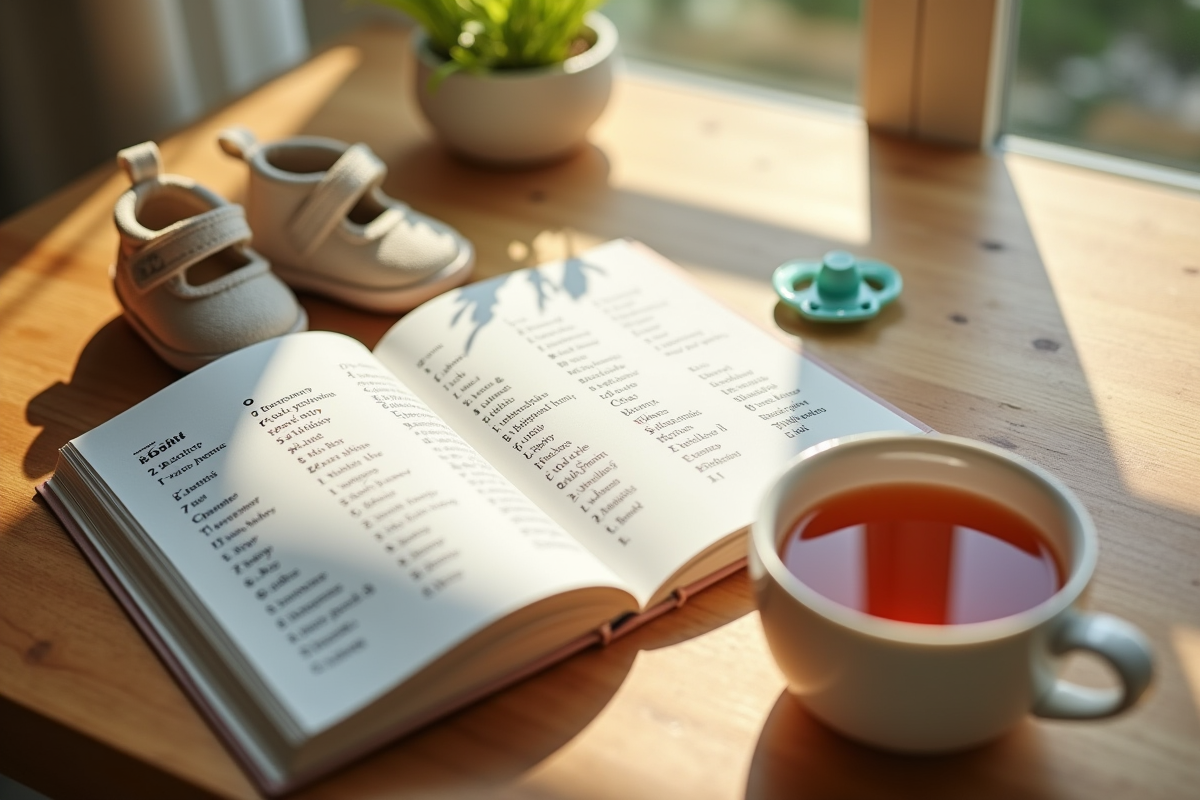 Livre de noms pour bébé avec tasse de thé sur une table en bois ensoleillée