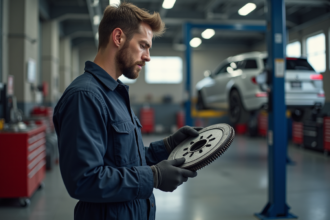 Mécanicien homme en atelier avec volant moteur neuf