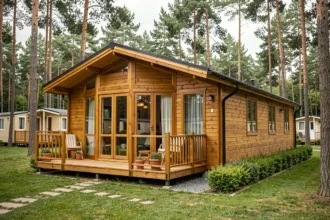 Mobil-home familial moderne avec terrasse en bois et grande baie vitrée dans un camping verdoyant