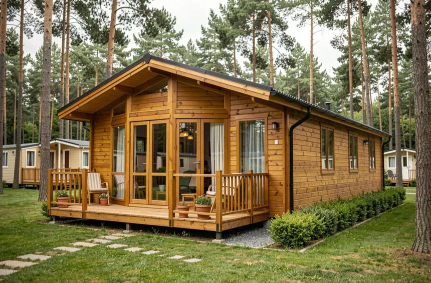 Mobil-home familial moderne avec terrasse en bois et grande baie vitrée dans un camping verdoyant