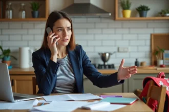 Mère stressée téléphonant pour trouver une solution de garde d'urgence lors d'une grève scolaire, assise dans sa cuisine avec un ordinateur portable ouvert
