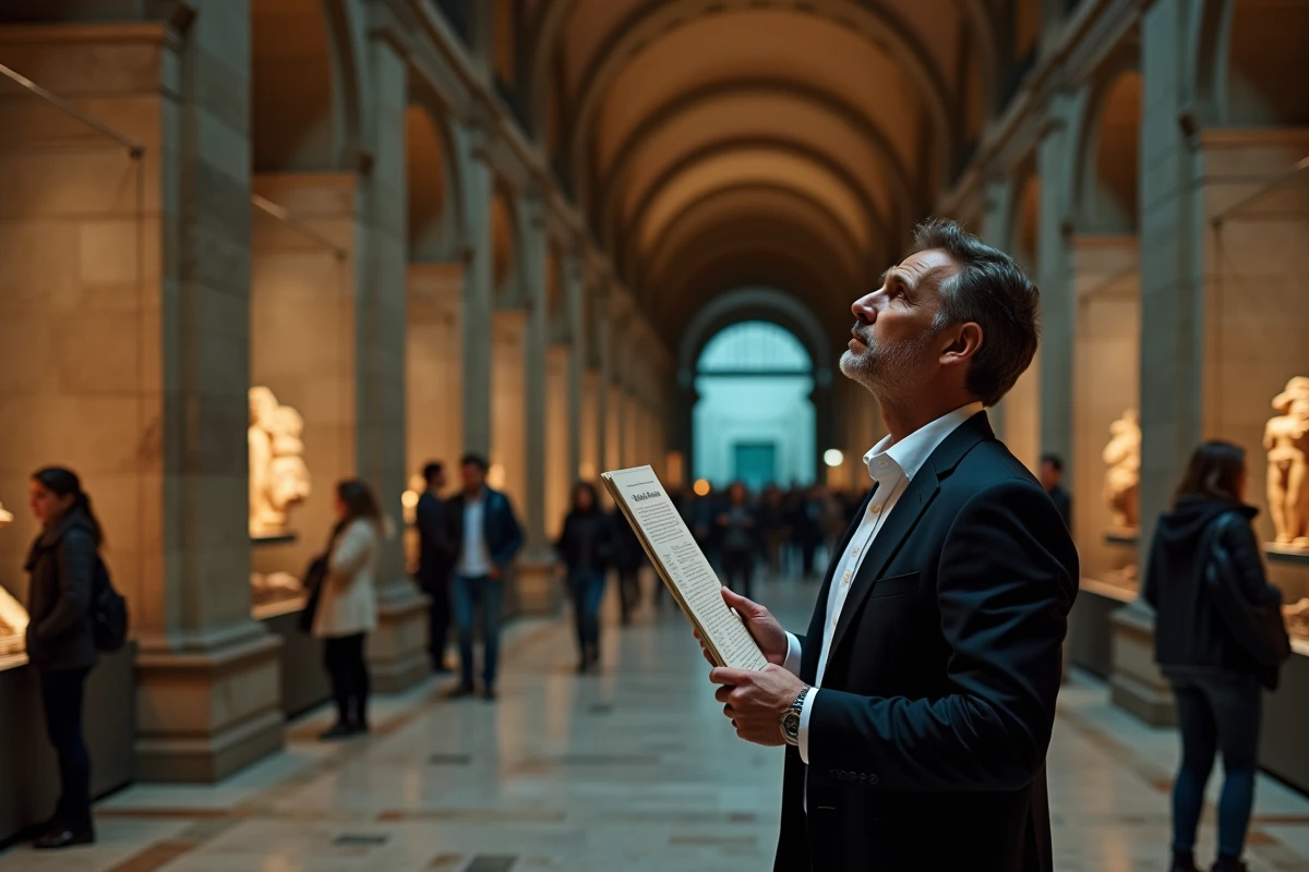 Homme explorant une salle archéologique d'un grand musée parisien lors d'une nocturne