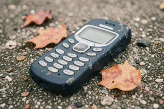 Ancien Nokia 3310 posé sur du béton brut avec des traces d'usure visibles, symbole de sa robustesse légendaire
