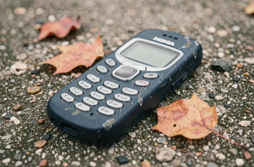 Ancien Nokia 3310 posé sur du béton brut avec des traces d'usure visibles, symbole de sa robustesse légendaire