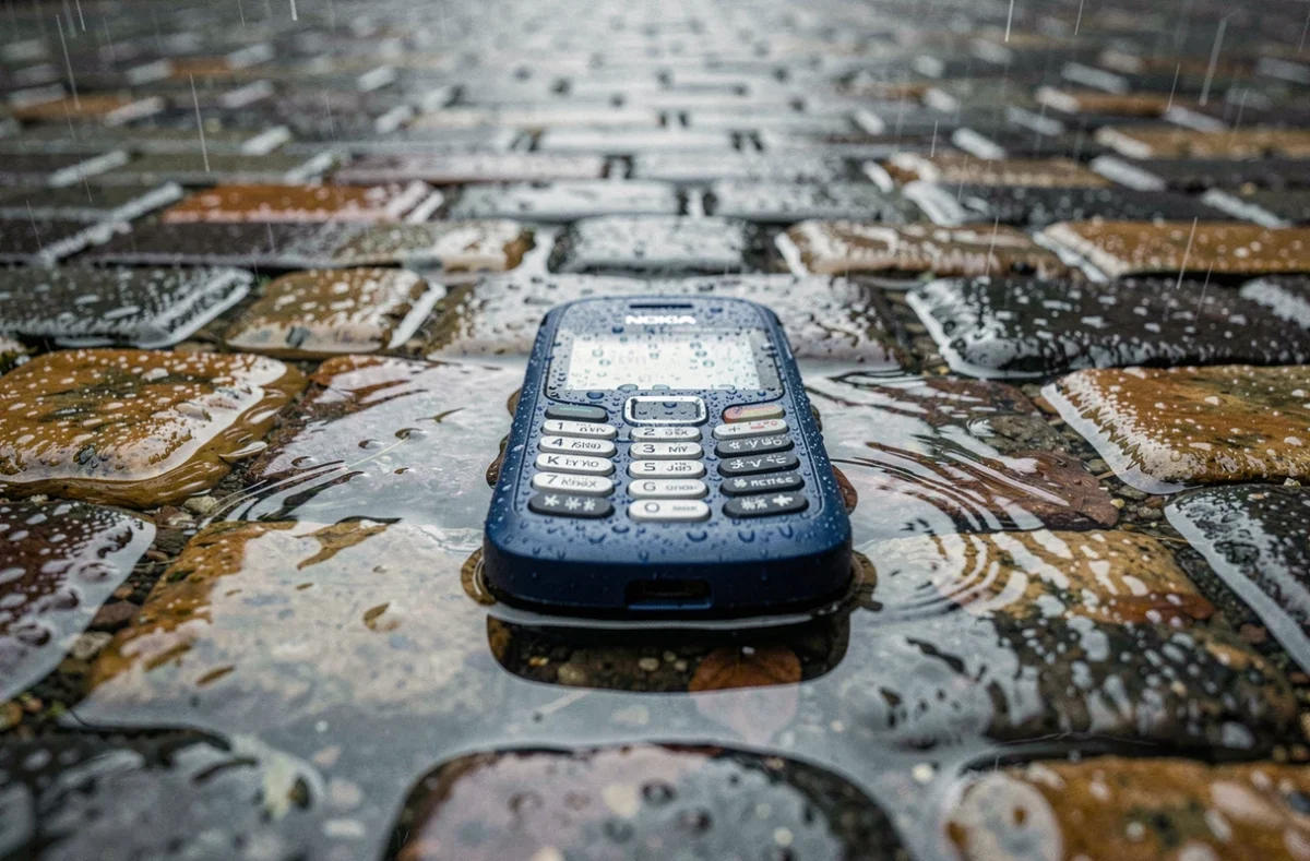 Nokia vintage à moitié immergé dans une flaque d'eau sur des pavés mouillés, illustrant la résistance exceptionnelle de ces téléphones anciens