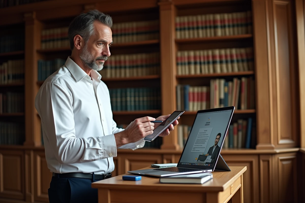 Notaire annotant des documents en suivant les sessions du congrès UINL Paris à distance sur tablette et ordinateur portable