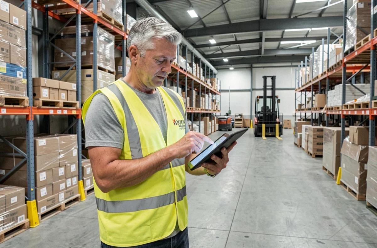 Coordinateur logistique Noyon Solutions dans un entrepôt de Cherbourg avec tablette d'inventaire
