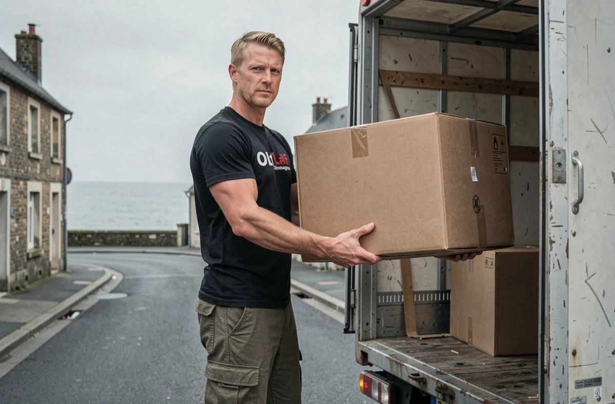 Déménageur Olaf soulevant un carton depuis un camion stationné près du front de mer de Cherbourg