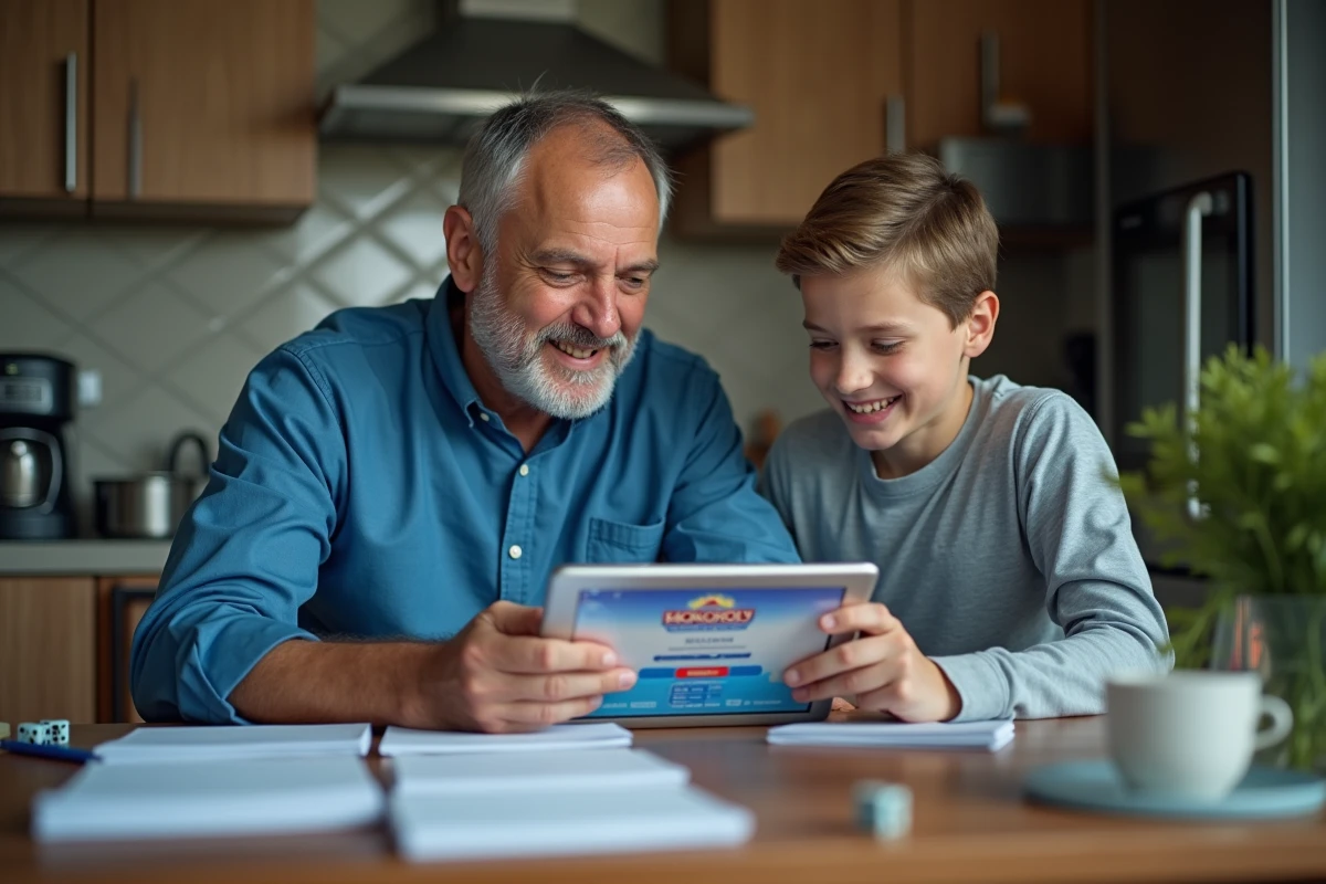 Père et fils jouent à Monopoly GO dans la cuisine