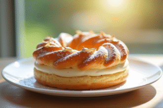 Gâteau ParisBrest doré avec crème pralinée et amandes