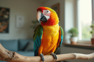 Perroquet coloré sur branche dans salon lumineux