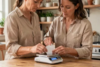 Femme pesant une enveloppe sur une balance postale numérique avant d'apposer un timbre