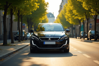 Peugeot 308 hybride stationnée en ville en matinée