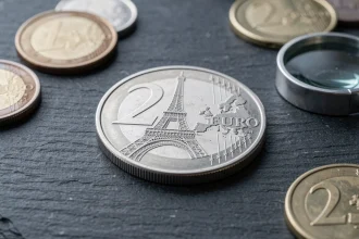 Pièce 2 euros commémorative Jeux Olympiques 2026 Tour Eiffel en gros plan sur ardoise avec loupe de numismate