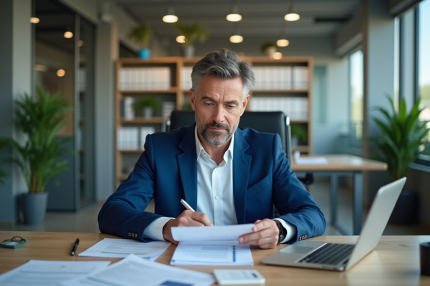 Professionnel en costume bleu examinant des factures au bureau