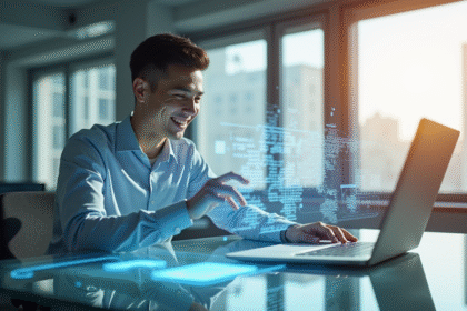 Jeune professionnel souriant avec interface holographique d'IA dans un bureau moderne