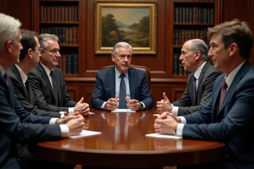 Groupe de professionnels en réunion dans un club privé élégant