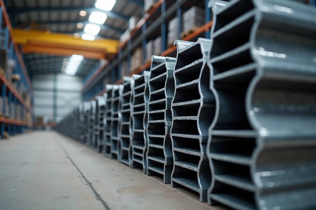 Profilés en U d'acier structurel de différentes dimensions empilés dans un entrepôt de distribution métallique