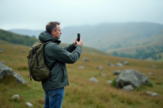 Homme en randonnée cherchant un signal dans la nature