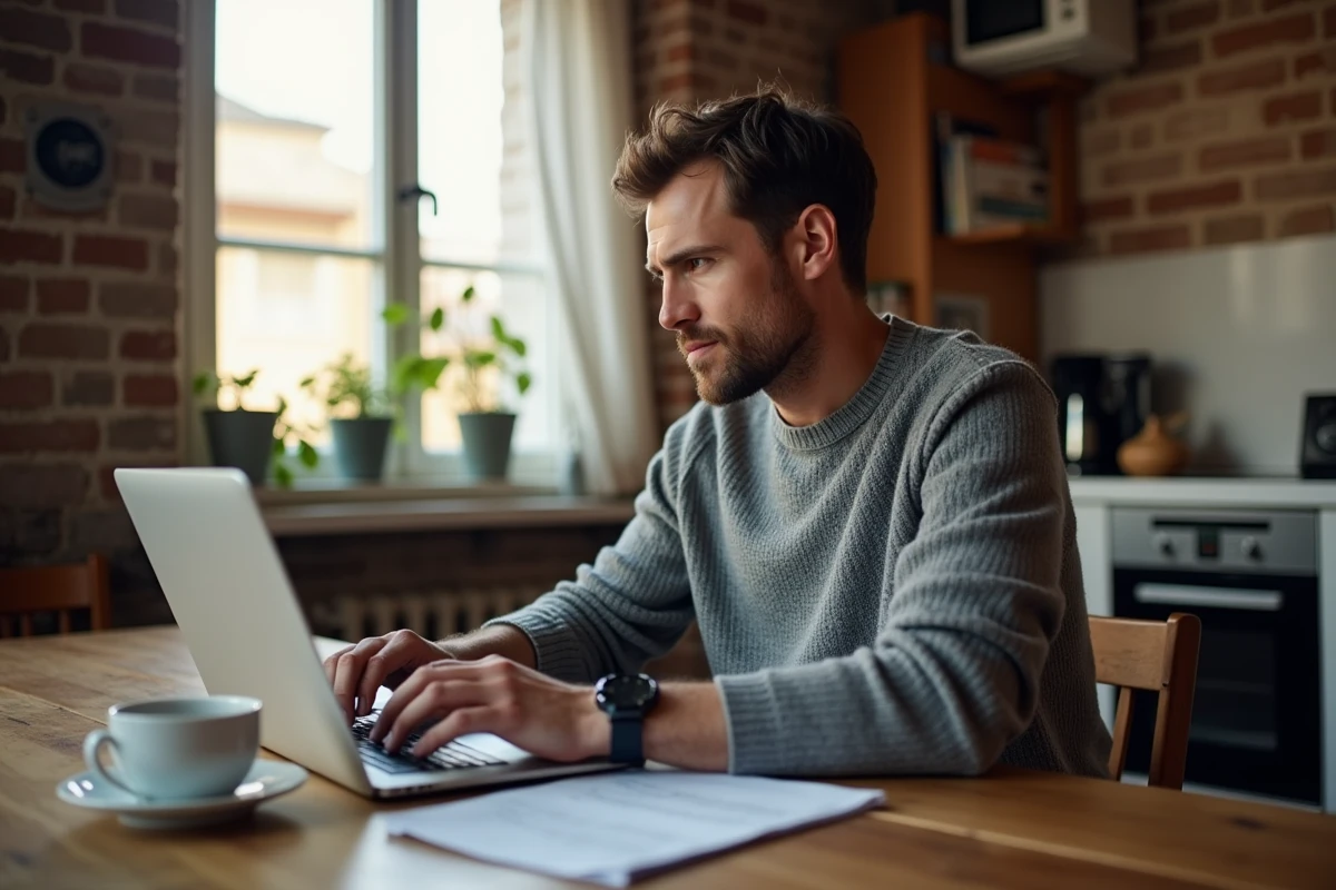 Homme recherchant des braderies sur internet depuis son appartement dans le nord