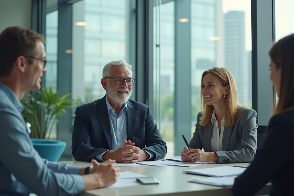 Homme et femme discutant avec un conseiller dans un bureau moderne